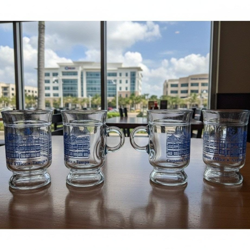 ANCHOR HOCKING Corporate Plaza Irish Mugs Glass Container Tampa Florida Set Of 4